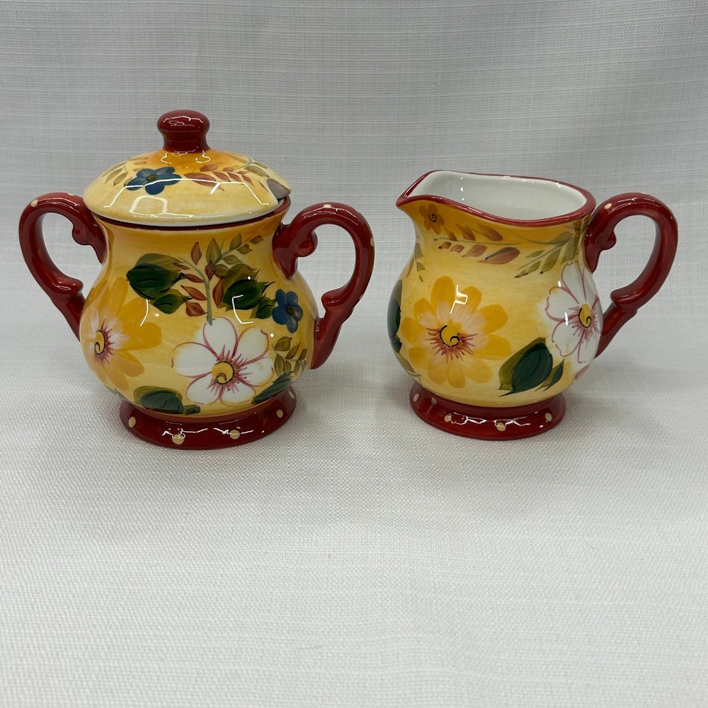 Oneida Sunset Bouquet Creamer & Sugar Bowl Set Yellow Red Floral Hand Painted